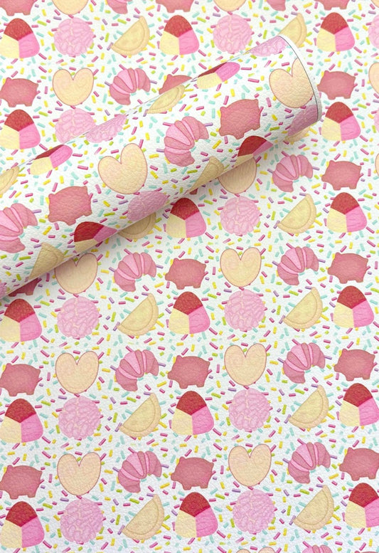 Pink conchas, croissants, and sprinkles faux leather sheets